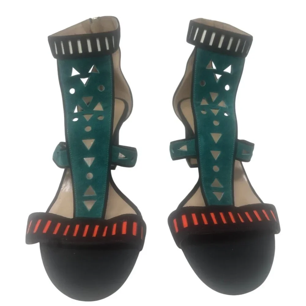 Tamara Mellon Black Suede Green Red White Laser Cut Straps Open Toe Heels Size 9
